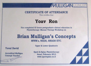 תעודת לימודי שיטת מאליגן בפיזיותרפיה - יואב רון
